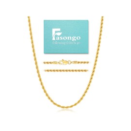 Fasongo 18K Real Over Gold Chain Necklace for Men Women Boy, 3mm Rope Chain Necklace Gold Chain Durable & Sturdy Men's Chain Necklaces 20inch