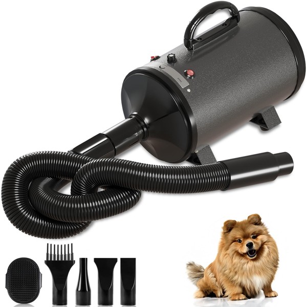 Dog Hair Dryer, 3200W/4.3HP Handle Portable Electric Pet Body Dryer with Blow Speed & Heater Temperature Adjustable,Including 4 Type Nozzles & Grooming Brush