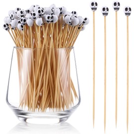 Chengu 300 Pcs Skull Head Bamboo Cocktail Picks Skull Toothpicks Fruit Food Hamburger Toothpicks Cupcake Toppers for Halloween Holiday Birthday Party Decoration Sticks