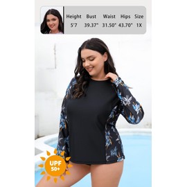 Halcurt Womens Plus Size Long Sleeve Rash Guard Swim Top with Built in Bra Loose Fit UPF50+ Sun Protection Swimsuit Black Palm Leafs 1X