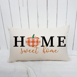GTEXT Fall Throw Pillow Cover Autumn Decor Home Sweet Home Plaid Pumpkin Pillow Cover 20x12 inch Outdoor Pillow Linen Square Cushion,Sofa Fall