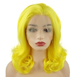 Meiyite Hair Wavy Shoulder Length 16inch Golden Half Hand Tied Heavy Density Realistic Synthetic Lace Front Wig
