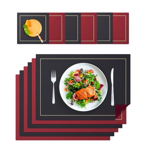 Reversible (Red/Black) Placemats Set of 6 with Coasters - Dinning