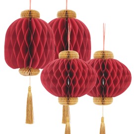4 Piece Traditional Chinese Red Paper Honeycomb Lanterns with Gold Tassels - Reusable 3D Hanging Indoor Decorations for Lunar New Year, Spring Festival, Wedding