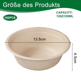 HXSYKJDM Pack of 100 Ecological Disposable Soup Bowls, 350 ml Disposable Soup Bowls Made of Sugar Cane, Cardboard Bowls, Disposable Soup Bowls, Organic Soup Bowls, Compostable