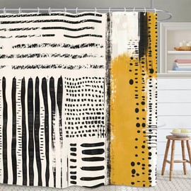 Yookeb Abstract Minimalist Modern Bathroom Shower Curtain 60W by 71H Inch Mustard Yellow Black Neutral Contemporaty Aesthetic Striped Polyester 12 Plastic Hooks Waterproof Decor