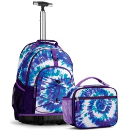 Choco Mocha Tie Dye Rolling Backpack for Girls with Lunch Bag, Large Travel Rolling Backpack Set for Teen Girls Middle School 18 Inch, Purple