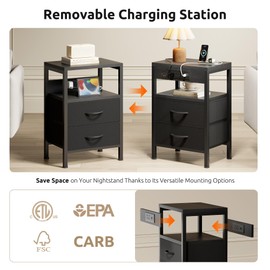Lazzanto NightStand Bedside Charging Table Bedroom - Night Stand with Charger Station, Modern Nightstand with Open Shelf & 2 Fabric Drawers, Bed Side Table with USB-C Port for Dorm, Black