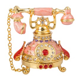 QIFU Vintage Small Pink Telephone Shaped Trinket Box with Rich Enamel and Sparkling Rhinestones Unique Gift for Family