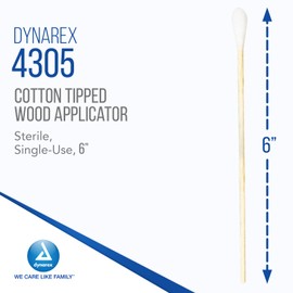 Dynarex 6-Inch Sterile Cotton Tipped Applicators - Single-Use Wooden Cotton Tip Applicators for Wound Care & Dressing, Hygiene, Make Up, Cleaning Tools, Jewelry - 1 Box of 100 Pouches, 2 per Pouch