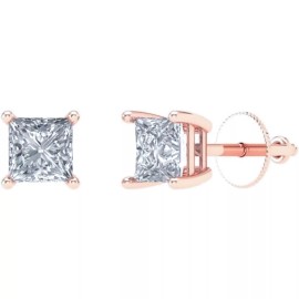Sterling Small Solitaire Princess Cut Women's Pink Rose Gold Plated CZ Tiny Stud Earrings