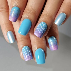 Curvlife Soft Gel Press On Nails Kit - Sea Ocean Full Cover False Nail Tips with Trendy Designs, Reusable & Glue Included - Easy Application Nail Accessories for Women