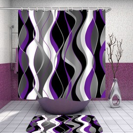 Nkzply 4 Pcs Purple and Black Shower Curtain Set Grey and White Bathroom Sets with Shower Curtain and Rugs Modern Striped Bathroom Decor Accessories Shower Curtains for Bathroom Toilet Lid Cover Hooks