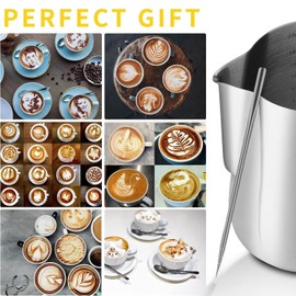 VASA NAMA 350ml/12oz Jarra para Espumar Leche, Jarra de Espumar Leche de acero inoxidable, Taza de jarra de vapor exprés, 16 moldes y coctelera de polvo de acero, Latte Art Pen/Barista Pen (Plata)