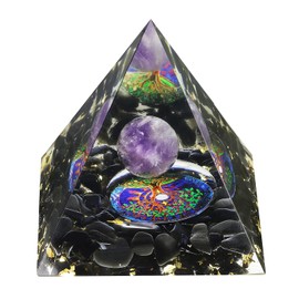 Nupuyai Amethyst Sphere Healing Crystal Pyramid with Gift Box, Tree of Life Symbol Spiritual Ornament Quartz Point Reiki Energy Figurine for Protection