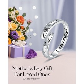 925-Sterling-Silve Dandelion Adjustable Ring for Women - I Am Enough Encouragement Inspirational Open Rings Mother's Day Jewelry Gifts for Mom Daughter