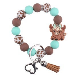 Jesemiah Beaded Wristlet Keychain for Women Cute Wrist Key Chain Leopard Silicone Key Ring Elastic Bowknot Cow Bracelet Wristlet (Mint Green)