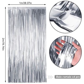 Ywwltt Pack of 4 Tinsel Curtain Silver, 1 x 2 m Glitter Tinsel Curtain, Tinsel Foil Curtain, Foil Fringe Curtain, Glitter Curtain Decoration for Birthday, Wedding, Graduation, Festive Party Decoration