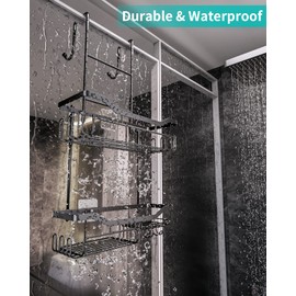 HapiRm Hanging Shower Caddy Over the Door with Soap Holder, No Drilling Adhesive Shower Organizer with 11 Hooks, Rustproof & Waterproof 304 Stainless Steel Bathroom Shelves - Black