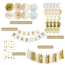 ANSOMO White and Gold Happy Birthday Party Decorations Neutral Cream Tan Ivory Beige Apricot Banner Balloons Tassel Garland Men Women Boys