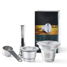 4 in 1 Reusable Stainless Steel Coffee Capsules Compatible with L'OR Barista LM8012/60 - Refillable Metal Espresso Pods for L'or and Nespresso Machines,Coffee Press and 304 Spoon Gifted