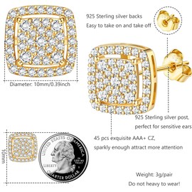 Morfetto Mens Earrings Studs Men's Earrings Sterling Silver Stud Earrings for Men Iced Out Earrings Mens Square Earrings Cubic Zirconia Simulated Diamond Stud Earrings for Men Golden
