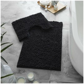 VELVETIO Bath Mats & Pedestal Set, Zero Twist Fluffy Super Soft 100% Microfiber Non-Slip Shaggy 2 Piece Bathroom Rugs, Extra Thick Machine Washable Water Absorbent Toilet Rug Sets, Black