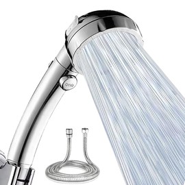 High Pressure Shower Head with Hose, 3 Jet Types, Water-Saving Hand Shower with Stop Function, Shower Head with Anti-Limescale Function, Chrome