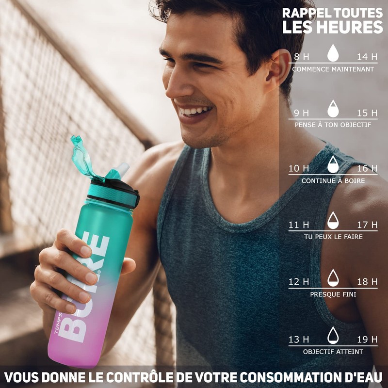 Nasafes French Motivation Water Bottle with French Time Marker, Water