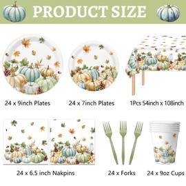 121Pcs Fall Party Plates and Napkins Party Supplies - Watercolor Pumpkin Tableware for Fall Decorations - Fall Disposable Dinnerware Set with Plates, Cups, Napkins, and Forks, Serves 24
