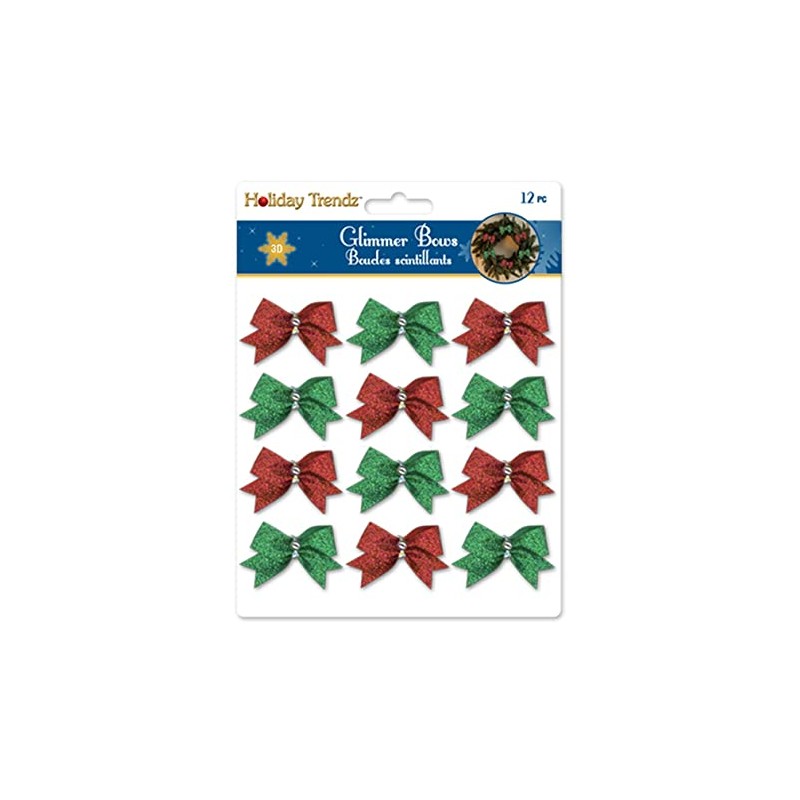 Mini Tie-On Christmas Bows - Red and Green Glitter -