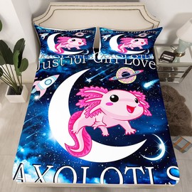 Cartoon Axolotl Bedding Sheet Kawaii Axolotl Galaxy Fitted Sheet for Kids Boys Girls Teens 3D Animals Theme Bed Sheet Set Breathable Salamander Moon Donut Comforter Cover Room Decor Twin Size