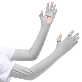Famimor Arm Cover, UV Protection, Palm Opening, Gloves, Sunscreen, Summer, Cooling Sensation, Sun Protection, Arm Cover Up To Your Fingertips, 2 Fingers, Smartphone Compatible, Anti-Slip, Long, Breathable, Sweat Absorbent, Quick Drying, Cooling Arm Cover, For Golf, Bicycle, Driving, Work (Light Gray)