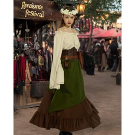 minkasic Renaissance Costume Women Ren Faire Outfit Medieval Skirt Dress with Corset Belt Pouch Coin Purse Skirt Hike 7PC Beige Green XL