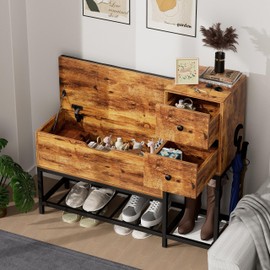 39" Coat Rack Shoe Bench Set with Flip Top Box and 2 Drawers,Yacchi Home Entryway Bench with Shoe Storage,7 in 1 Entryway Bench with Coat Rack, Storage Bench with 7 Coat Hooks& 2 Umbrella -Rustic Wood