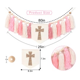 Cross High Chair Tassel Banner - Girls First Holy Communion Decorations,Cross Theme Pink Tassel Wood Bead Garland,Christian Baby Baptism Party Decorations,Girls Baptism Cross Banner Photo Props