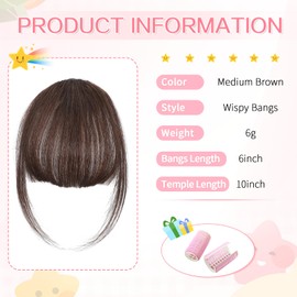Cesomeey Clip in Bangs 100% Real Human Hair, Wispy Bangs Hair Clip, Hair Bangs Clip in Human Hair, Fake Bangs Fringe with Temples Hairpieces, Clip on Bangs for Women Daily (Medium Brown, Wispy Bangs)