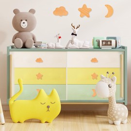 AKONE Wooden Cabinet Knobs, Pack of 6 Furniture Knobs, Children, Stars, Moon, Clouds, Wooden Knobs, Knob for Cupboard, Drawer Knobs, Natural Decoration, Furniture Knob for Chest of Drawers, Children's