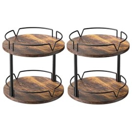 2 Pack 2 Tier Lazy Susan Organizer Wooden Rotating Spice Rack Spice Rack for Countertop 2 Tier Spice Turntable Organizer for Kitchen Countertop and Cabinet Compact and Versatile, Rustic Brown