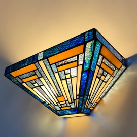 Capulina Tiffany Lamp Stained Glass Wall Sconce 2-Light 12 Inches Wide Blue Amber Antique Tiffany Style Wall Lamp Fixtures for Hallway Stairway Bedroom Cinema Home Office