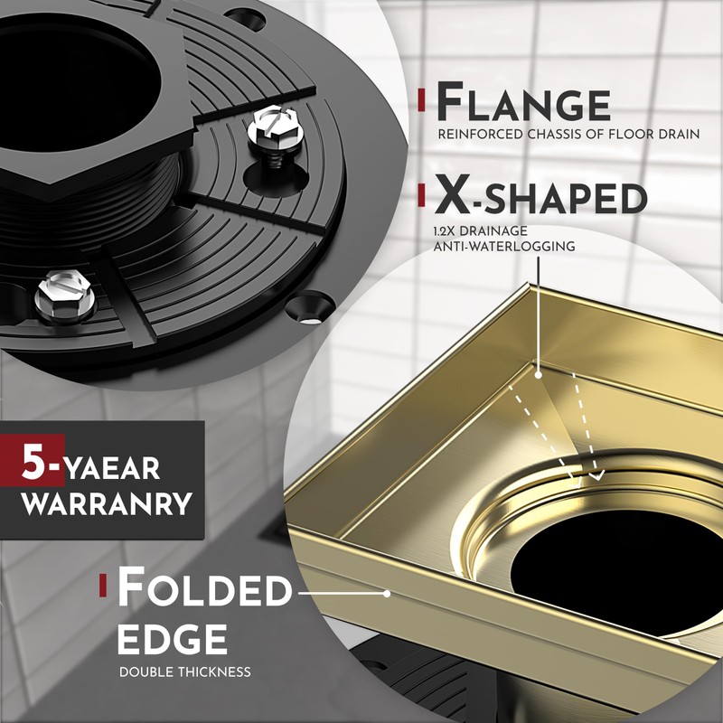 WEBANG 4 Inch Square Shower Drain Gold Floor Drain with