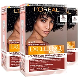 3 x L'Oréal Paris Excellence Cream Universal Nude Permanent Black 1U Triple Treatment - 3 Colours