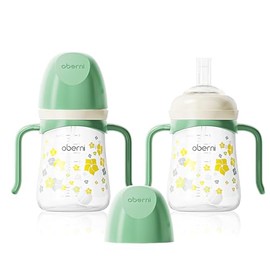 Obenri Baby Sippy Cup 240ml/8oz, Toddler Water Drinking Bottle with Non-Spill Valved Spout and Handle for 6+ Months, Green/2Pack