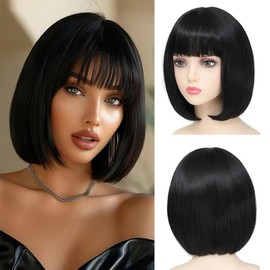Sallcks Black Bob Wig Short Bob Natural Straight Hair Wig with Bangs Heat Resistant Synthetic Wig for Women