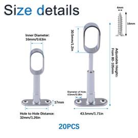 Closet Rod Support, 20Pcs Hollow Zinc Alloy Adjustable Oval Wardrobe Rail Rod End Bracket for Cabinet Wardrobe in Bedroom Bathroom