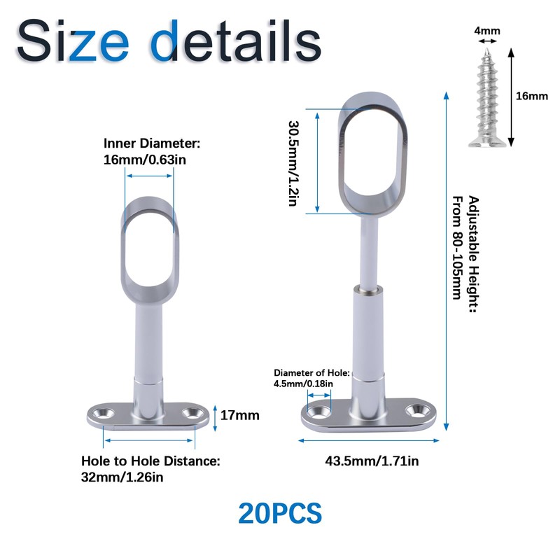 Closet Rod Support, 20Pcs Hollow Zinc Alloy Adjustable Oval Wardrobe