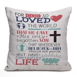 Nphuriy Golden Bible Verse Throw Pillow Cover,Lettering with Heart Cross Christian Biblical John 3:16 for God So Loved The World Decorative Pillow Cases Cushion Cover for Sofa Couch 16x16 inch