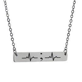 FashionJunkie4Life Semicolon with Heartbeat - Engraved Stainless Steel Horizontal Bar Necklace, 18" Chain