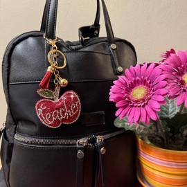 Popfizzy Teacher Keychain Accessories for Women, Rhinestone Red Apple Backpack Charm, School Bag Charm, Bling Teacher Gifts