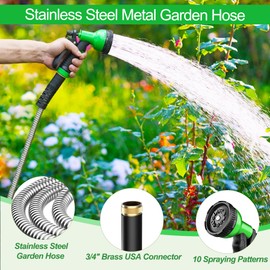 EONFAY Metal Garden Hose 50ft, Stainless Steel Water Hose Leak-Proof w/10 Function Sprayer Nozzle, 5/8" Flexible Garden Hoses, Long-Lasting, Lightweight, No-Kink Water Hose, for Yard and Lawn